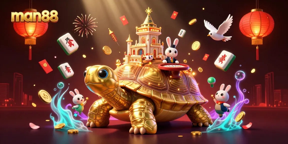 Experience thrilling games with man88's vibrant illustration depicting a golden tortoise casino.