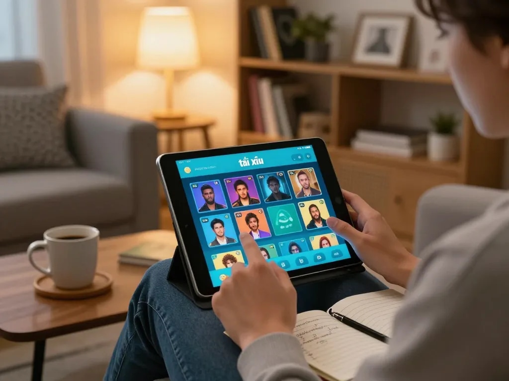 Engaging scene using app tài xỉu online uy tín on tablet in a cozy home setting.
