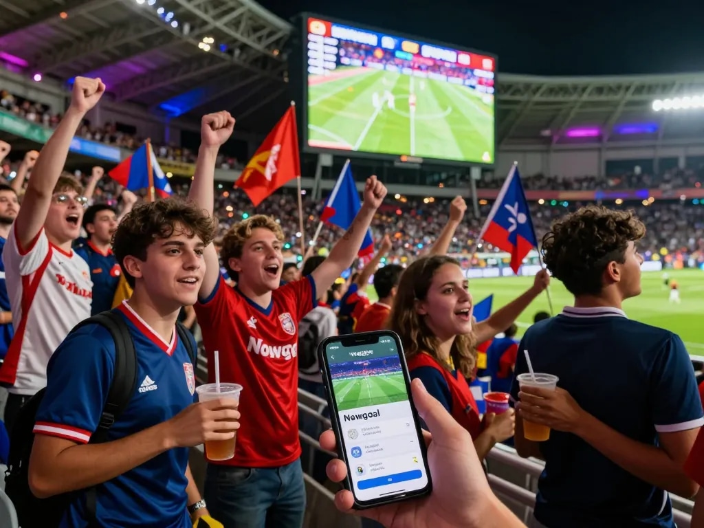 Nowgoal users excitedly tracking live football scores at a stadium, showcasing vibrant fan engagement during a match.