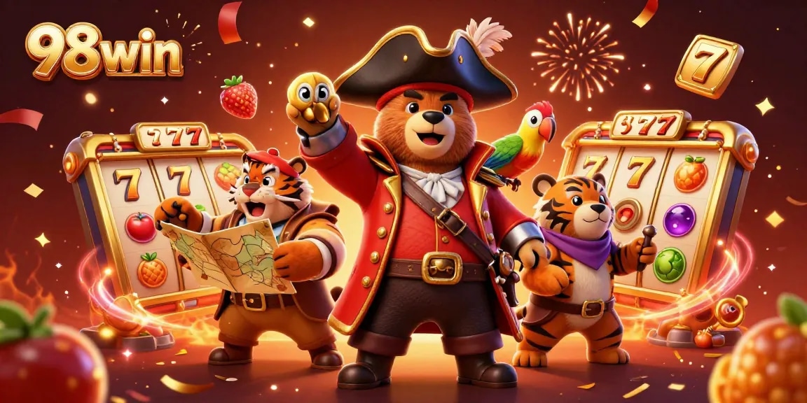 Experience thrilling action with 98win's vibrant casino adventures featuring a pirate, tiger, and treasure.