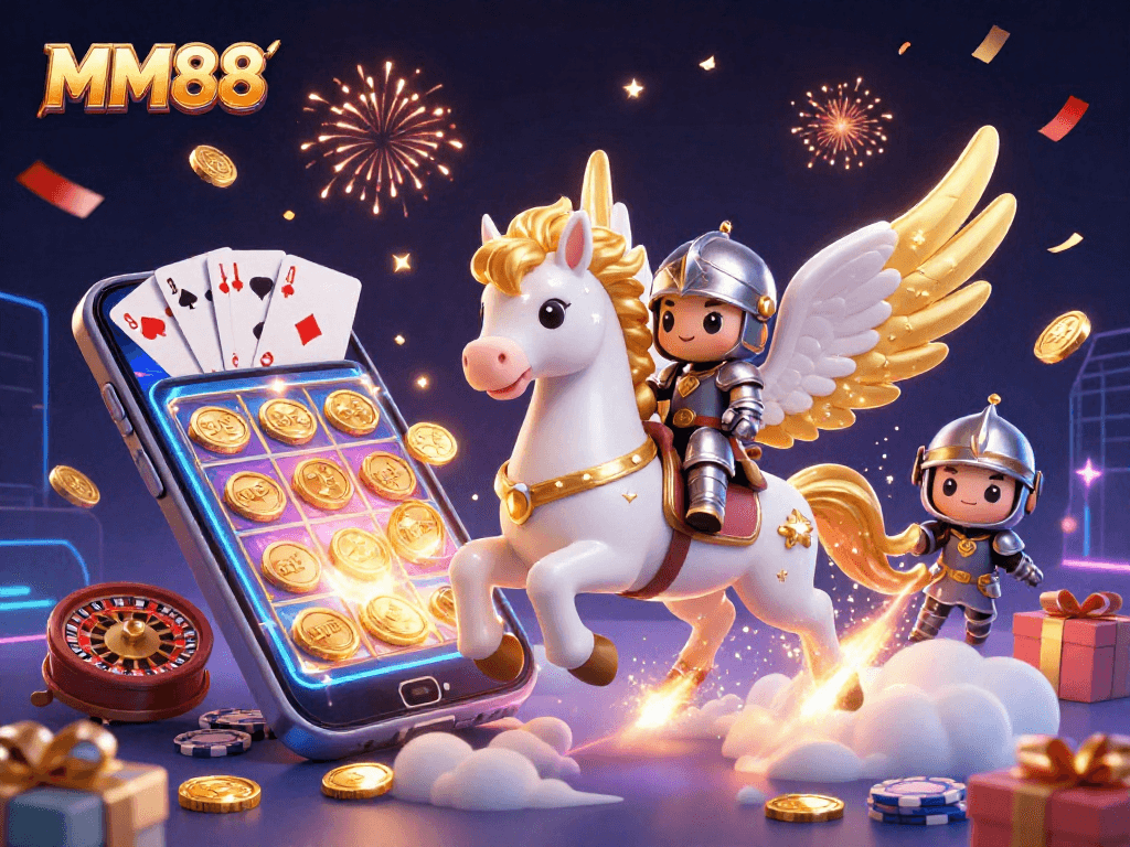 Experience the excitement of MM88: a knight rides a celestial horse amidst a vibrant casino scene.