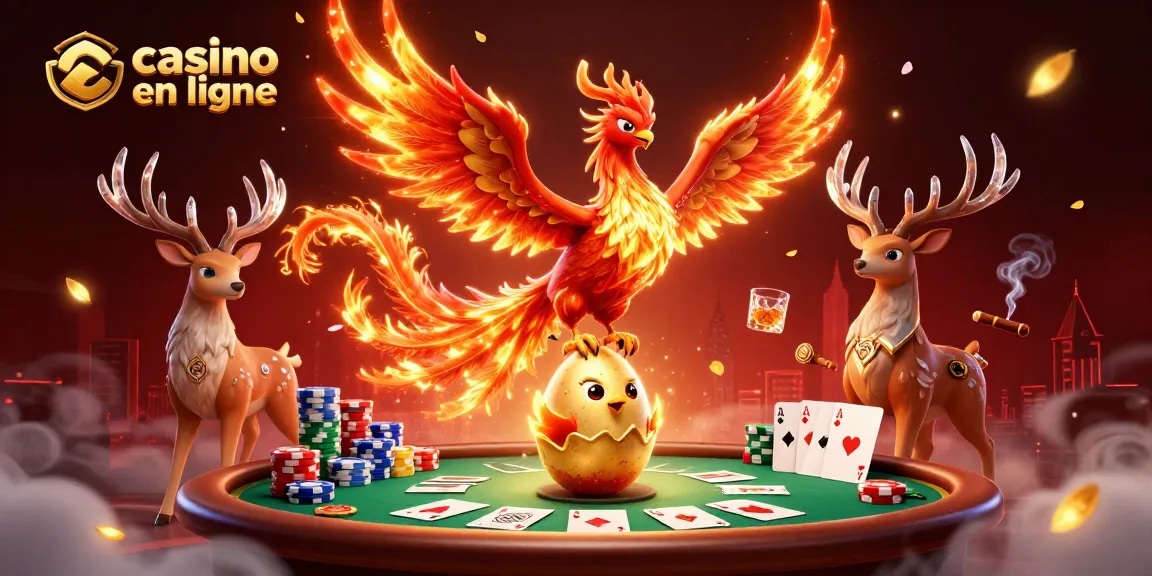 Jouez à des jeux de casino en ligne avec ce visuel captivant représentant un phoenix et un tableau de poker.