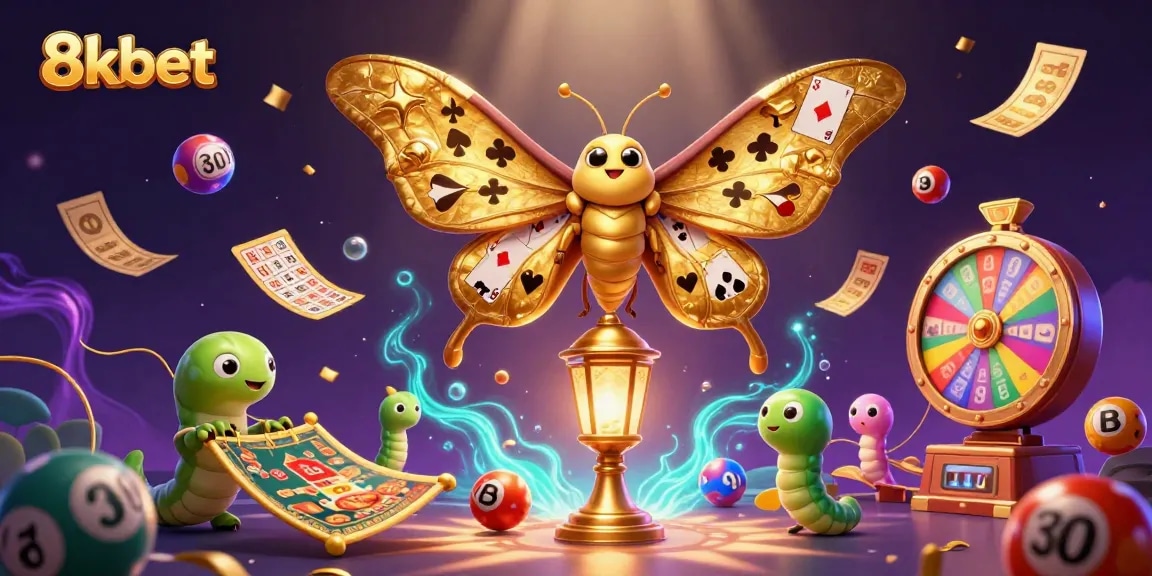 Experience thrilling gameplay with 8kbet as vibrant lottery balls and golden tickets surround a majestic atlas moth.
