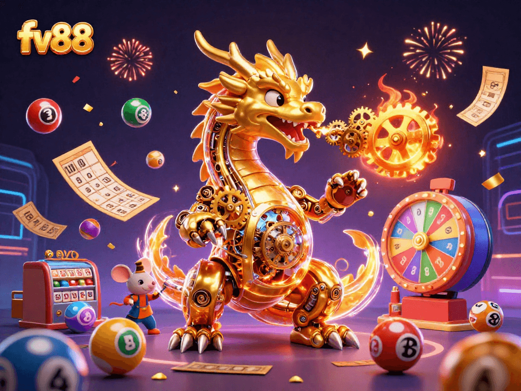 Win big with fv88 as the golden dragon breathes gears and confetti in a vibrant casino scene.