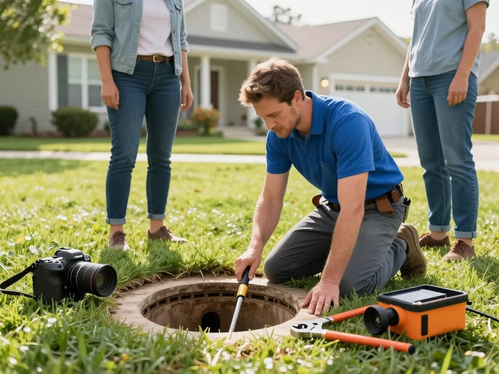 Sewer line repair in progress with a plumber inspecting pipes and discussing with a homeowner.