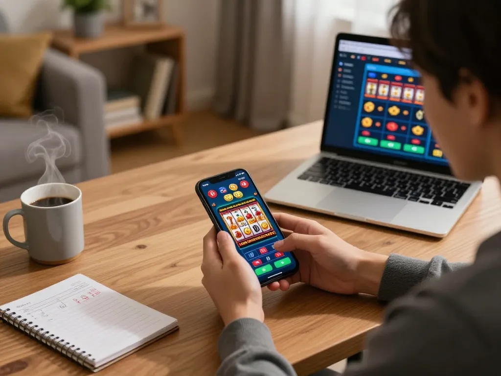 Engaging mobile betting on a situs slot app in a cozy home setting with colorful screen visuals.