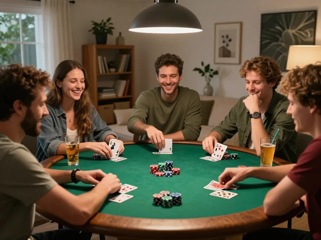 Friends playing poker in a cozy home, capturing exciting 789win moments with chips and cards.