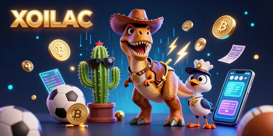 Bet on exciting matches with XOILAC, showcasing a dynamic 3D illustration of a dinosaur and reinforced gambling elements.