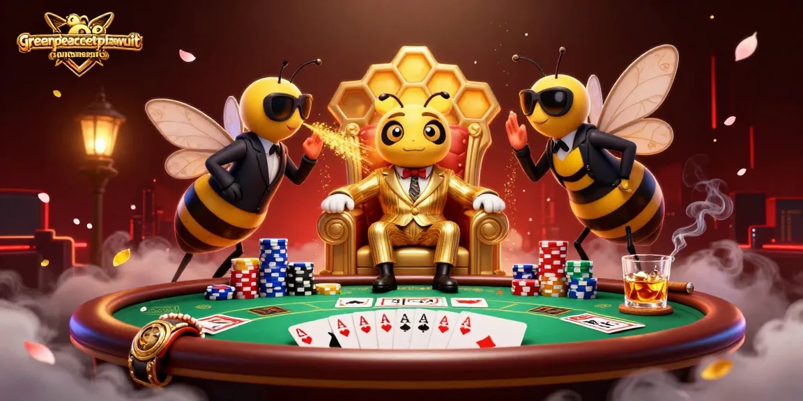 Engage with the greenpeaceetplawsuit as cartoon bumblebee mob boss plays poker in a vibrant casino scene.