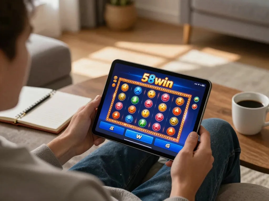 Player enjoying engaging slot games on the 58win app in a cozy home setting, showcasing online gambling excitement