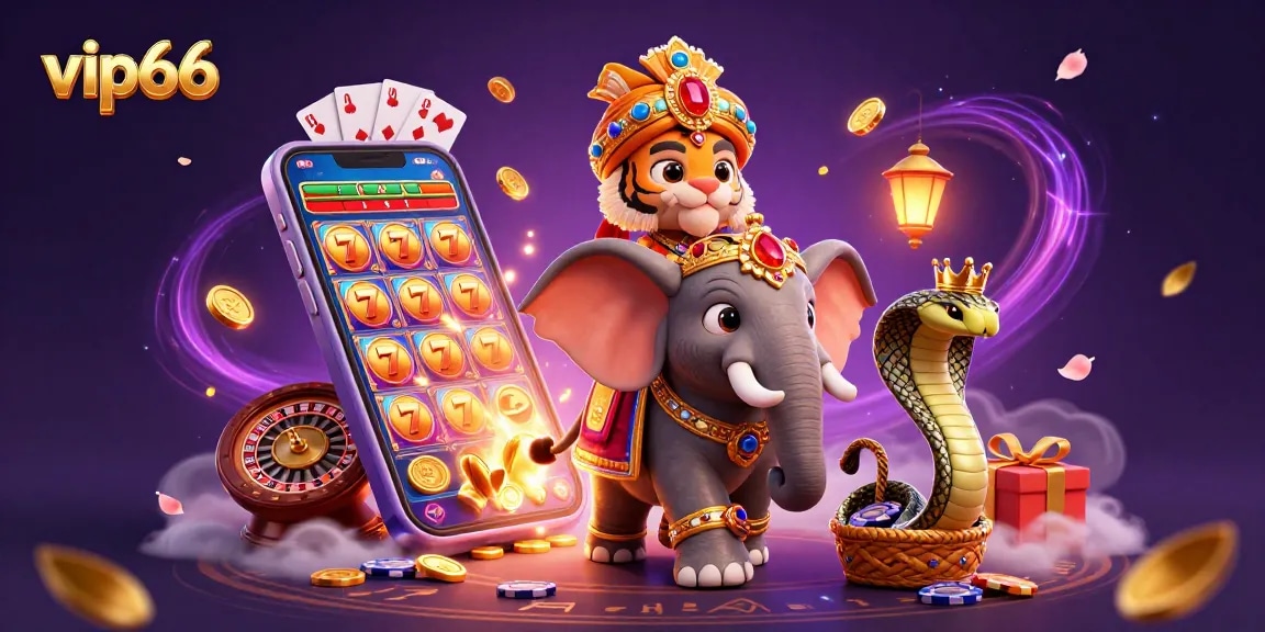 Win big with vip66 as a maharaja tiger rides an elephant amidst rich casino elements.