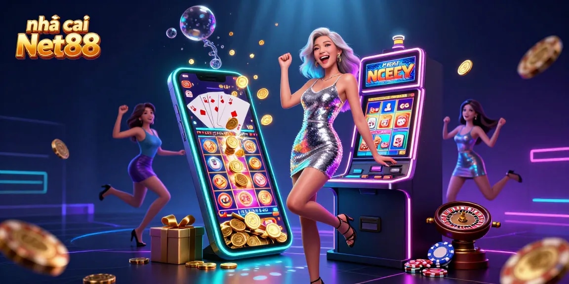 Experience the excitement at nhà cái Net88 with vibrant slots, golden coins, and dynamic gaming elements.
