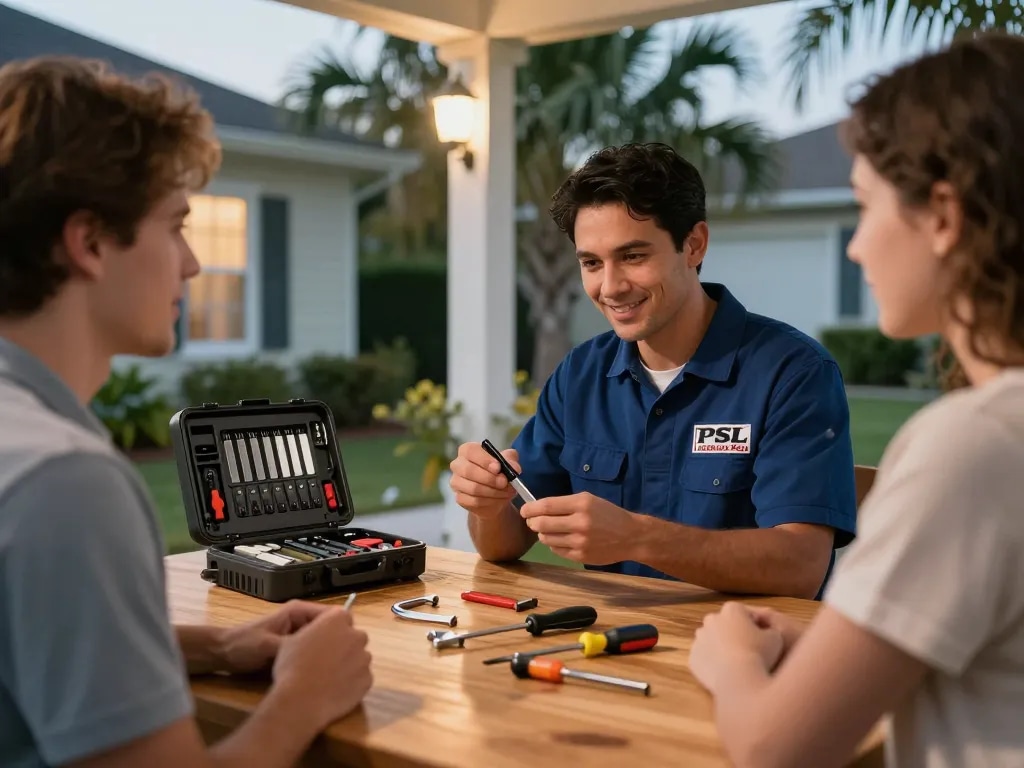 PSL Lock and Key locksmith assisting homeowner in Port St. Lucie, showcasing tools and friendly service.