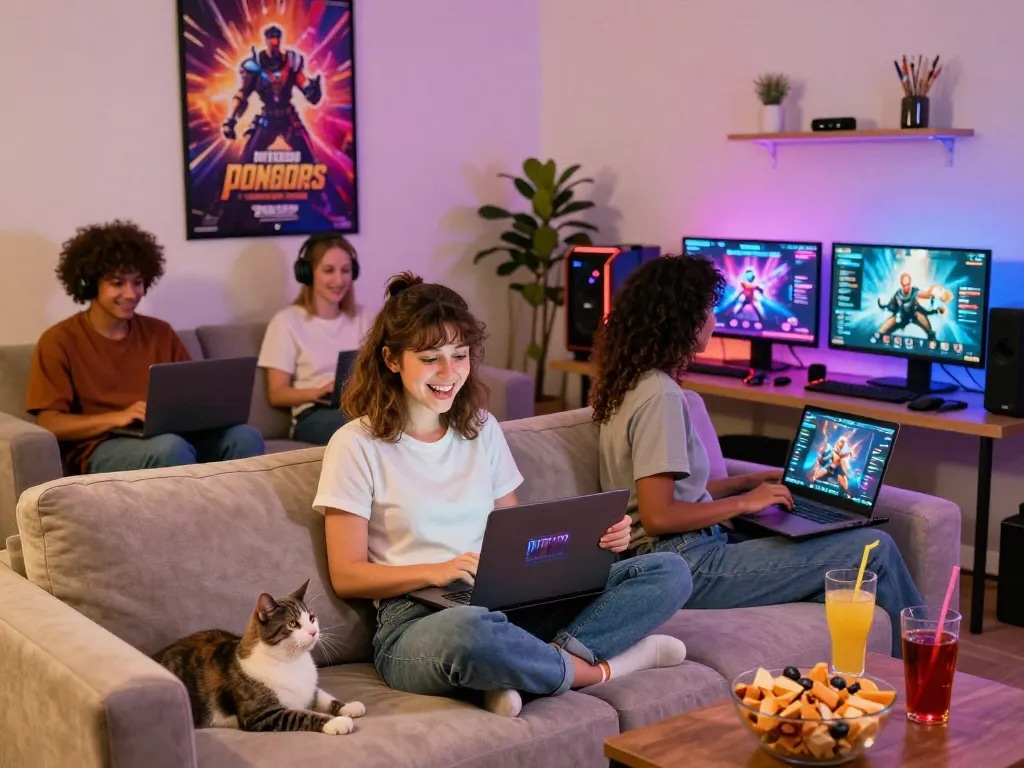 Group enjoying HTML porn games online in a cozy living room setting with vibrant LED lighting.