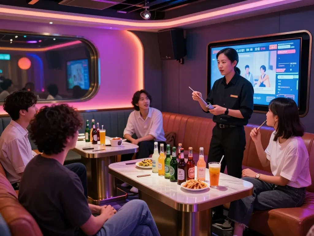 손님들이 음료와 음악을 즐기고 있는 생동감 넘치는 조명과 활기찬 분위기가 돋보이는 인천쓰리노 프라이빗 노래방 경험.