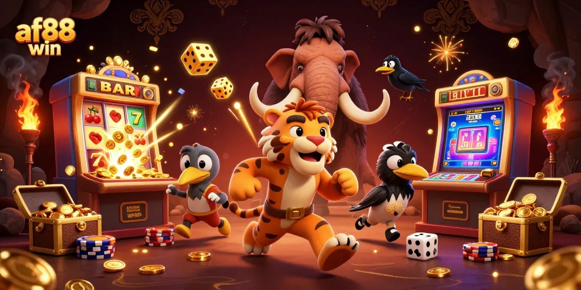 Experience af88 win with thrilling casino adventures in a dynamic prehistoric themed illustration.