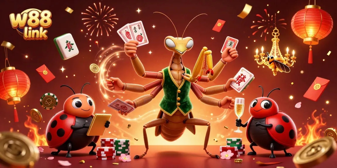 Engage with the vibrant w88 link scene showcasing a giant mantis and a ladybug pit boss in a lively casino.