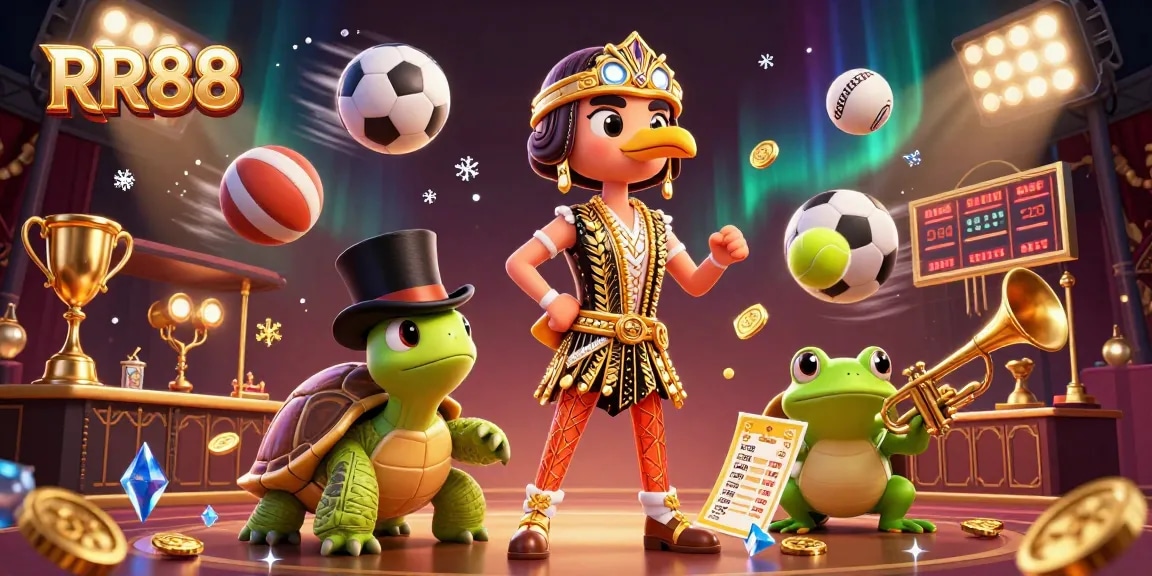 Experience excitement at RR88, featuring a lively casino scene with dynamic characters and gaming elements all around.
