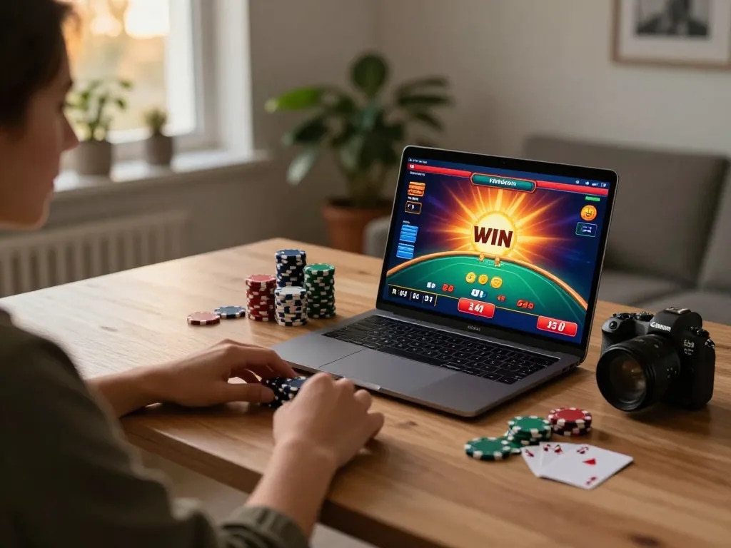 Engaging online poker game with sun win interface on laptop in a warm, inviting home setting.