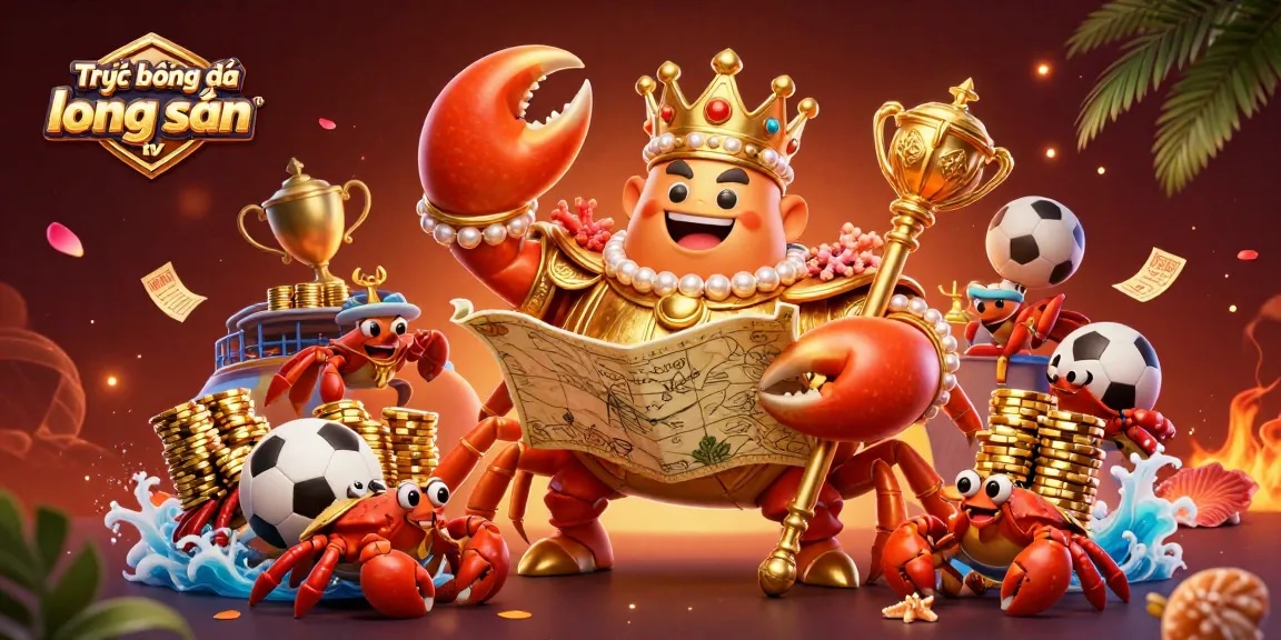 Engage with the dynamic scene at Trực tiếp bóng đá lương sơn tv, showcasing a golden crab emperor among vibrant sports betting elements, celebrating high-quality gaming.