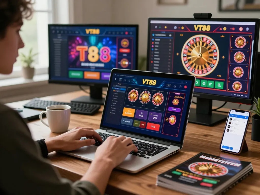 Engaging player exploring VT88 online casino platform on laptop in stylish home office, promoting responsible gambling.