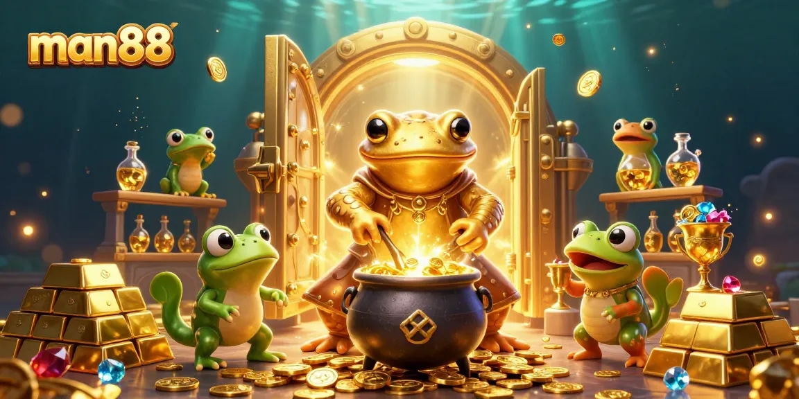 Engage with man88's vibrant casino scene showcasing alchemy in a magical gold-filled realm.