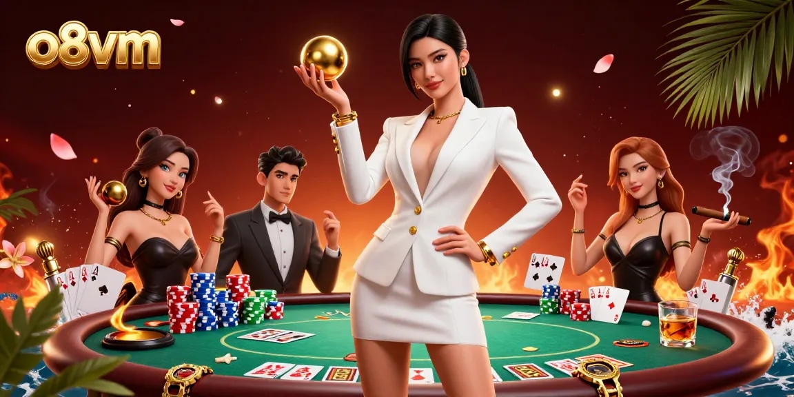 Win big with o8vm at an ultra-luxurious casino featuring vibrant gaming elements and a confident player.