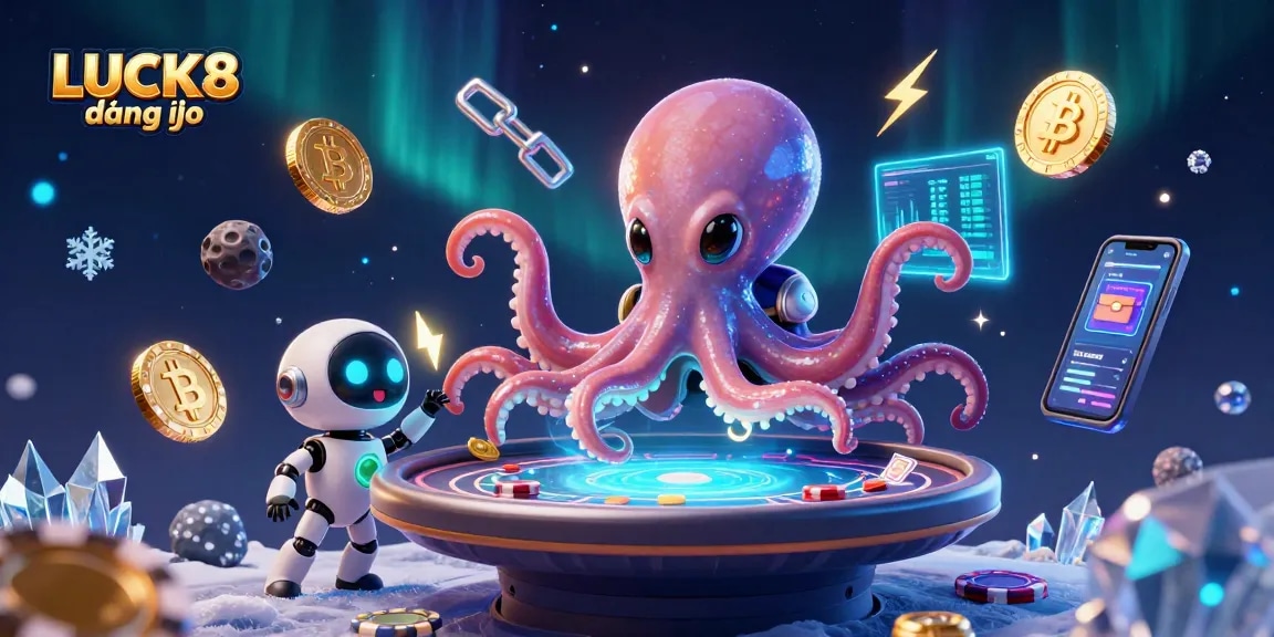 Experience the excitement of LUCK8 đăng nhập at a floating poker table with unique alien characters and vibrant cryptocurrency elements.
