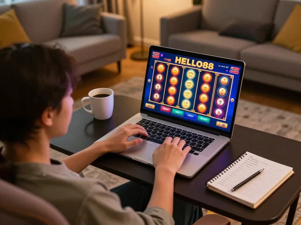 玩家 immersing in HELLO88 slot games on laptop, cozy home setup with strategic notes, engaging atmosphere