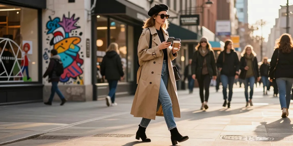 Stylish young woman in a fashion blog-inspired outfit walking confidently in a vibrant urban setting.