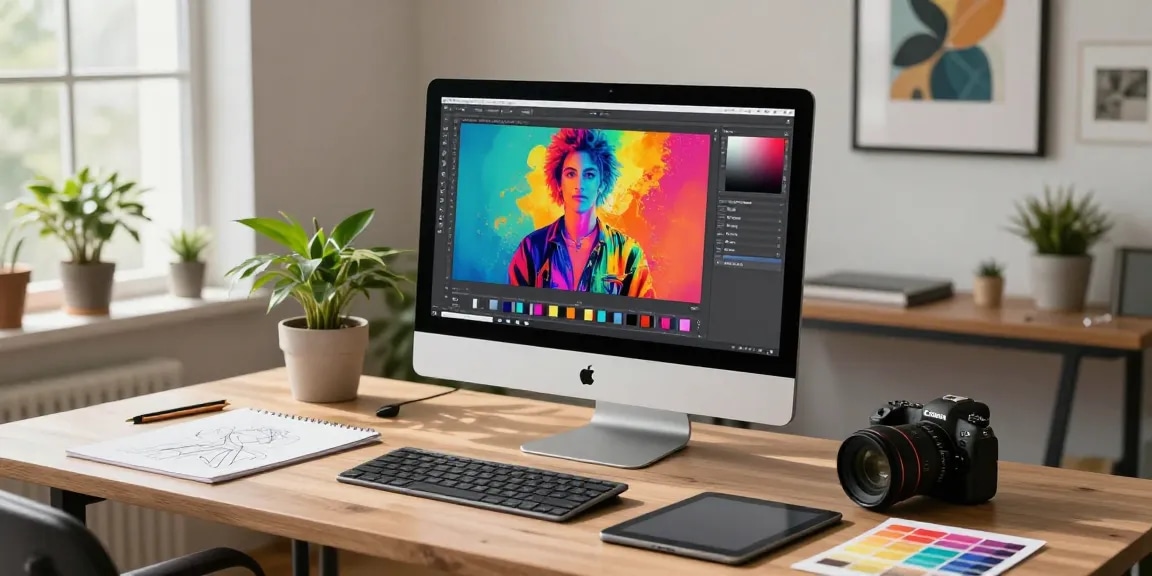 Designer utilizing nano banana 2 AI image editor in a modern creative workspace filled with vibrant designs and inspirational decor.