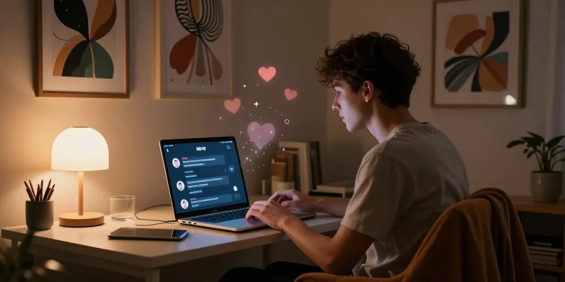 Interactive scene of a user experiencing nsfw ai chat in a cozy, intimate virtual setting with a laptop, artistic decor, and warm lighting.