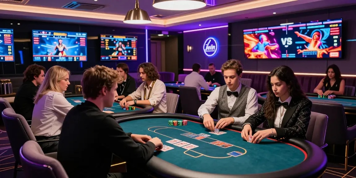 Upscale gaming lounge at iwin, players enjoying high-stakes poker in a vibrant atmosphere.