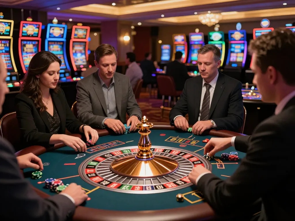 Players enjoying an exciting roulette game at OKFUN casino, showcasing a vibrant atmosphere and winning moments