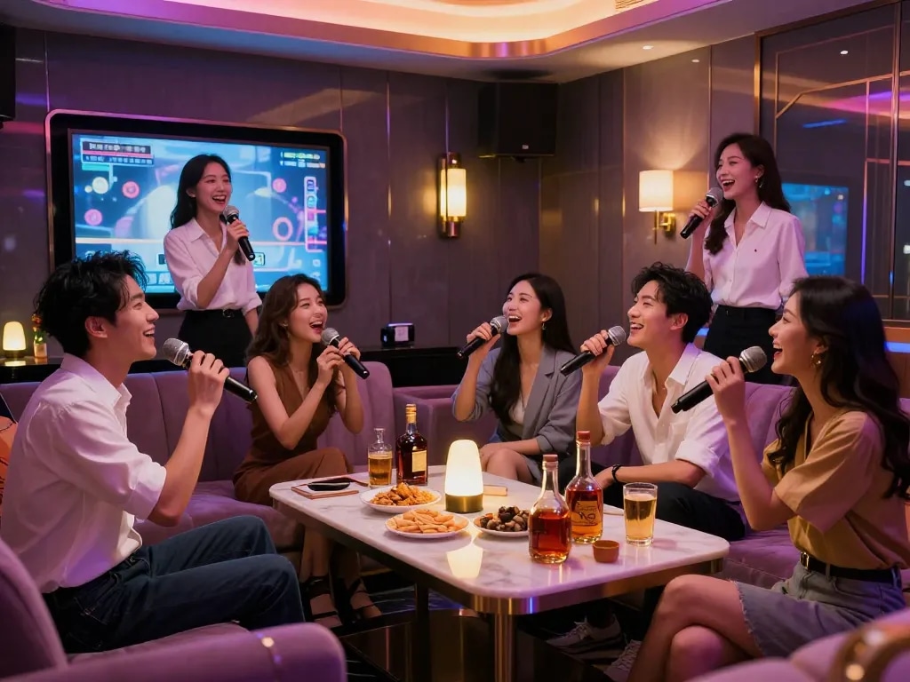 세련된 노래방에서 친구들이 노래를 부르고 음료를 즐기는 모습을 담은 https://www.3no.org/의 매력적인 나이트라이프 경험.