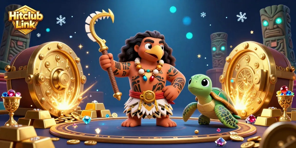 Hitclub Link showcases a vibrant 3D cartoon gambling scene with rich elements including shimmering gems and gold treasures.