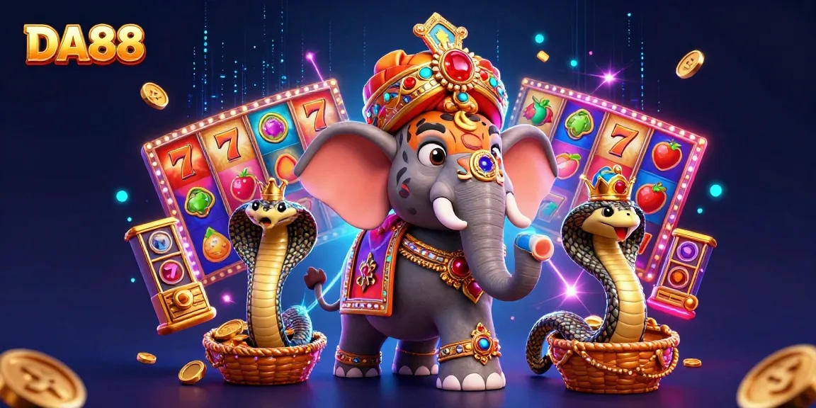 Engage with exhilarating DA88 slots, featuring vibrant reels and lucky symbols in a dynamic scene.