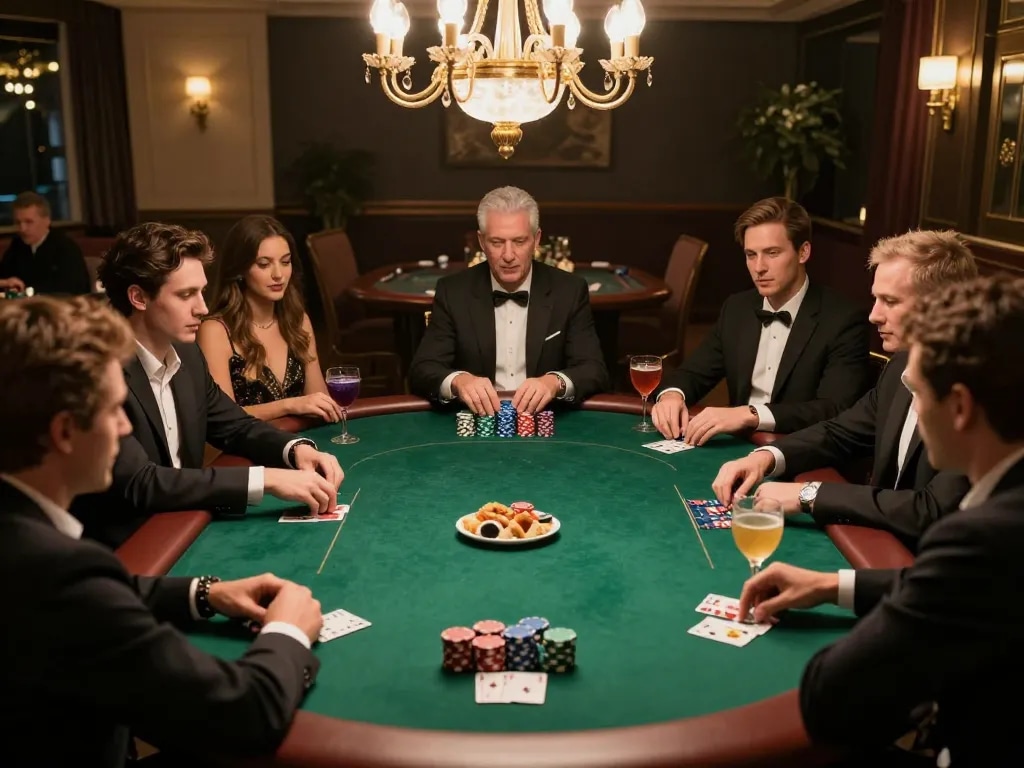 Participants strategizing in an exclusive poker game at ee88go with elegant decor and warm ambiance.
