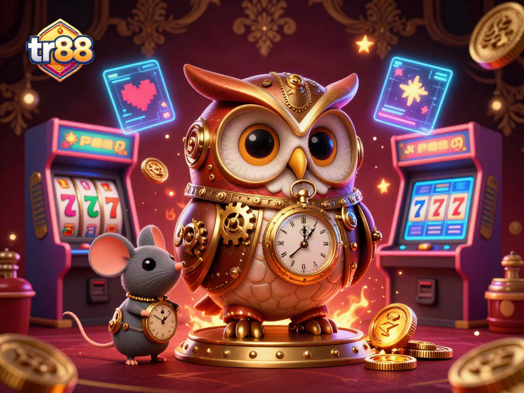 Experience thrilling gaming at tr88 with an enchanting owl and mouse in a vibrant casino scene.