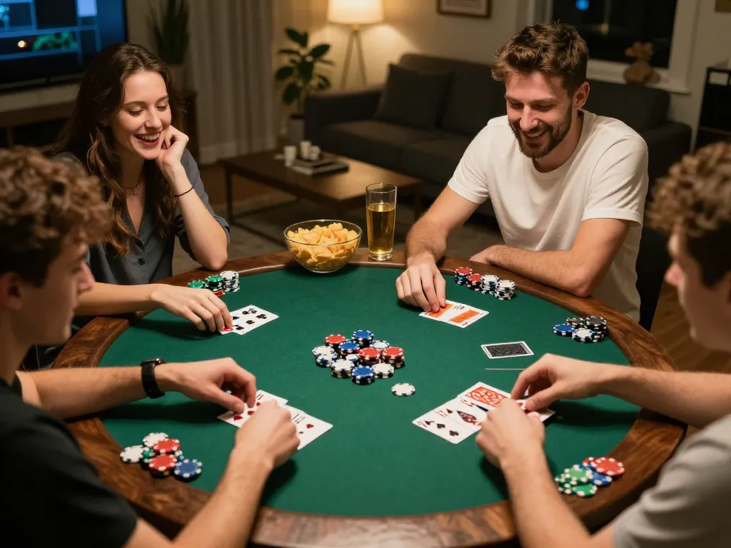 Kèo nhà cái poker night with friends, colorful chips and cards creating an engaging atmosphere