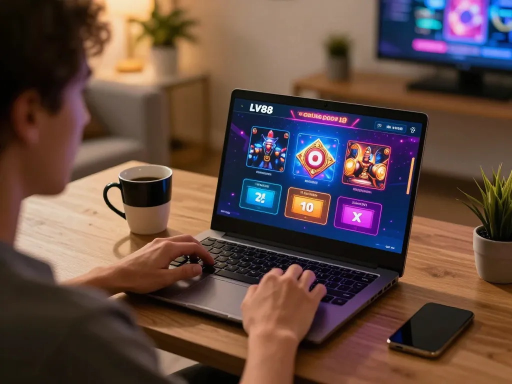 Player enjoying the LV88 online casino experience with exciting game graphics on a laptop.