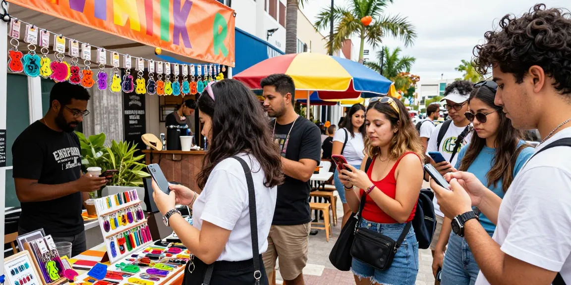 Custom acrylic keychains on a vibrant market stall, showcasing unique designs and colours, with young adults engaging and admiring.
