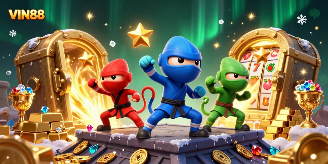 Engage with exciting slots at VIN88 featuring colorful chameleon ninjas amid treasures and lucky symbols.