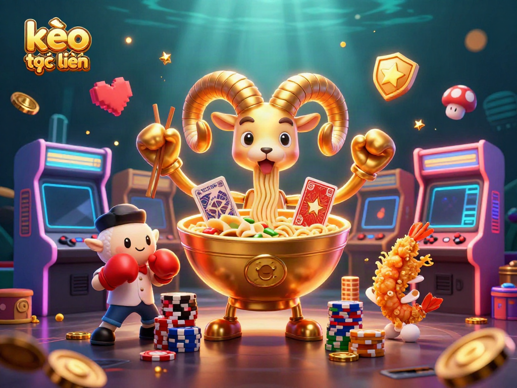 Engage with kèo trực tuyến as a giant ramen bowl character deals cards in a lively casino setting.