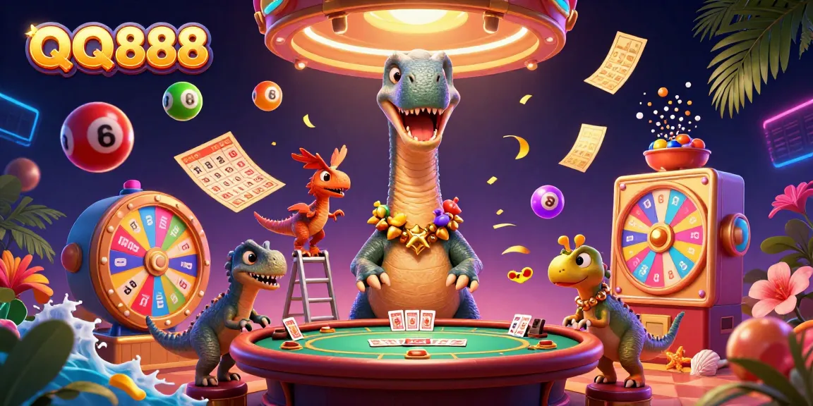 Experience excitement at QQ888 with vibrant lottery balls and colorful casino elements in a dynamic scene.