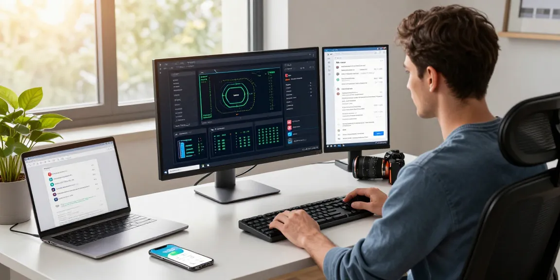 快连 software setup in a modern tech workspace, highlighting dual monitors and productivity tools.