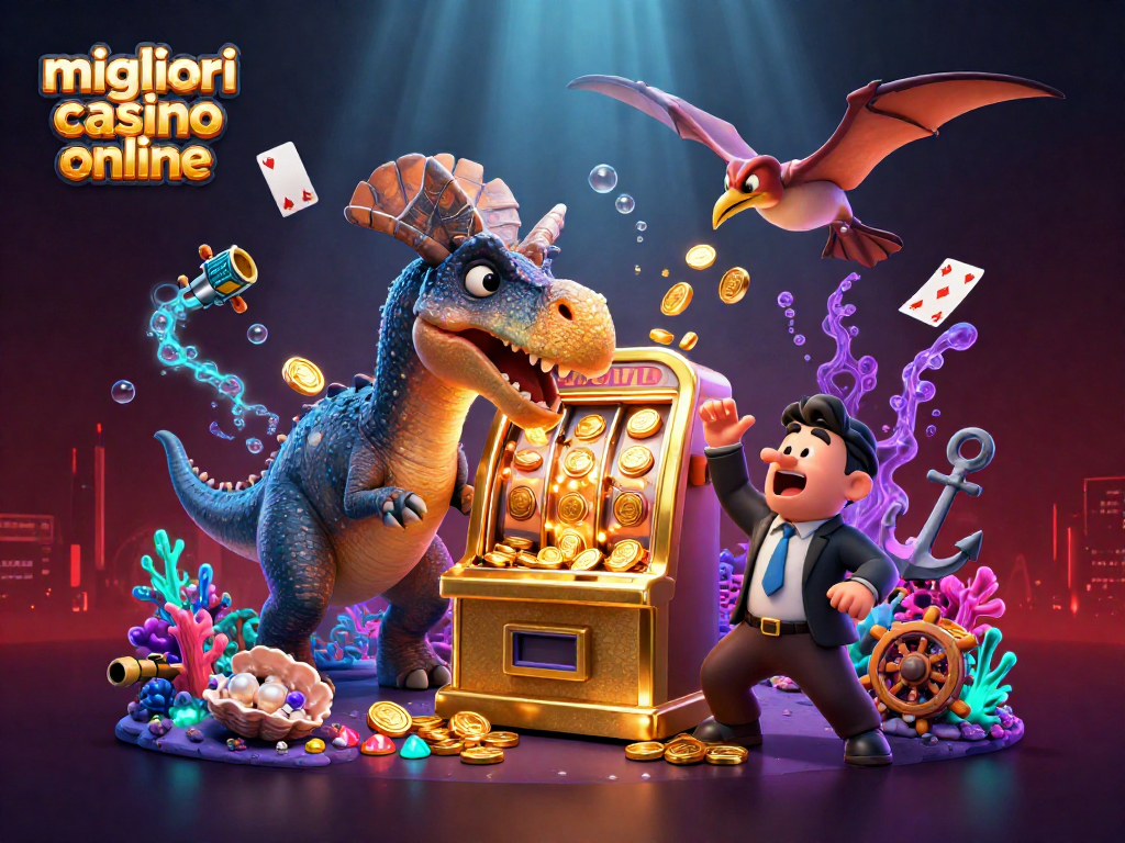 I migliori casino online celebrati in un'illustrazione vibrante e dinamica, con vincite e slot machines.