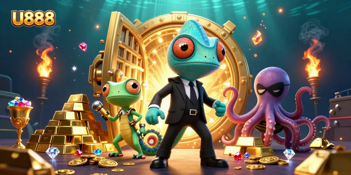 Experience U888's thrilling casino adventure with colorful characters, gems, and treasures in a vibrant 3D scene.