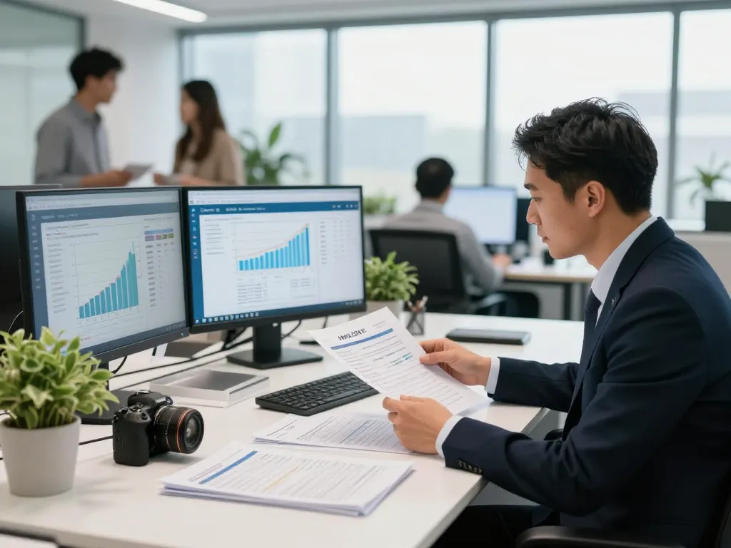 SMSF Accountant reviewing financial documents in a modern office setting with compliance data.