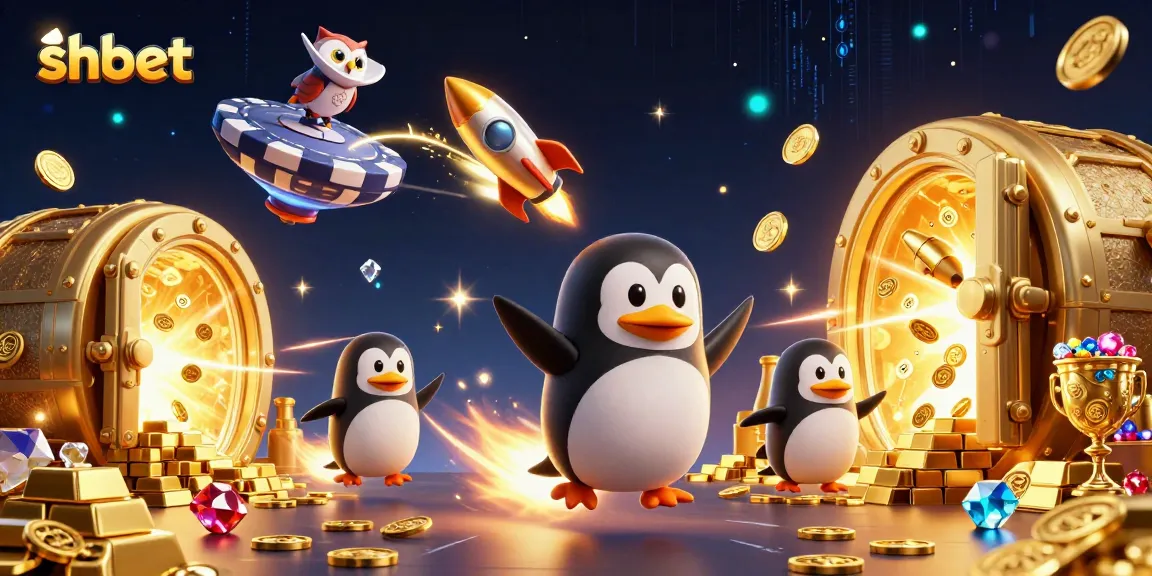 Win big at shbet with a spectacular 3D casino-themed illustration showcasing a golden penguin soaring through a cosmic jackpot adventure.
